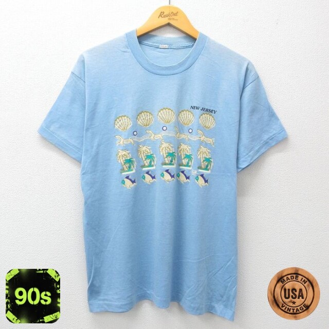 90s 半袖Tシャツ 魚ヤシの木ニュージャージー ライトブルー L | 古着