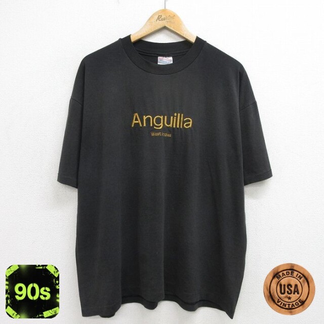 ヘインズ 90s 半袖Tシャツ アングィラ刺繍 ブラック メンズXL相当 | 古着