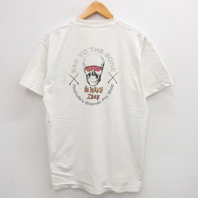 L★古着 半袖 ビンテージ Tシャツ メンズ 90年代 90s スカル NO WAKE ZONE クルーネック 白 ホワイト 【spe】 24jul29 中古