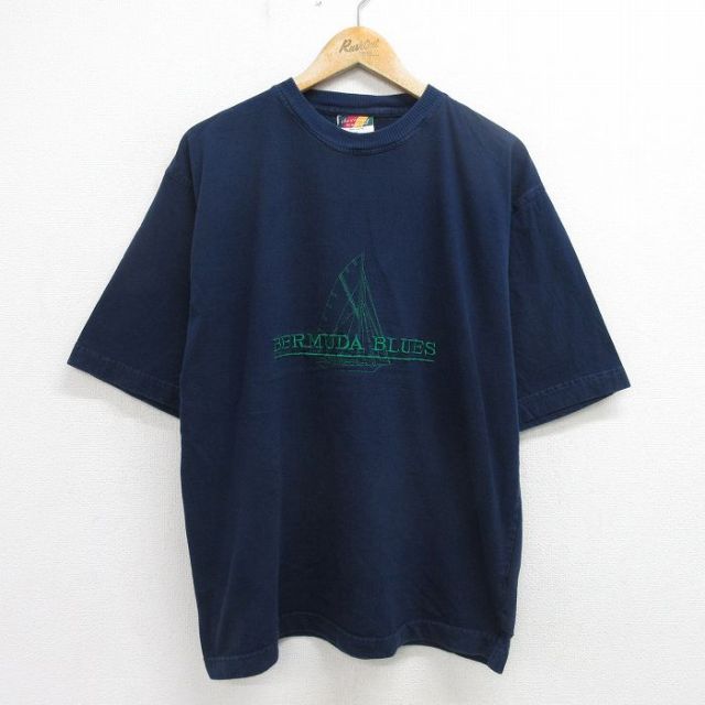 00s 半袖Tシャツ 船刺繍 ネイビー XL | 古着