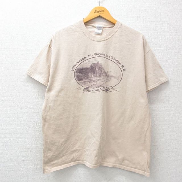L★古着 半袖 ビンテージ Tシャツ メンズ 00年代 00s ピッツバーグ 建物 コットン クルーネック 薄ベージュ カーキ 25mar29 中古