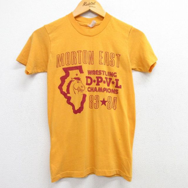 XS★古着 半袖 ビンテージ Tシャツ メンズ 80年代 80s 馬 クルーネック USA製 黄 イエロー 25mar29 中古