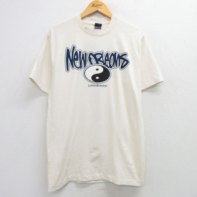 L★古着 半袖 ビンテージ Tシャツ メンズ 90年代 90s ニューオーリンズ 陰陽 コットン クルーネック 生成り 25mar29 中古