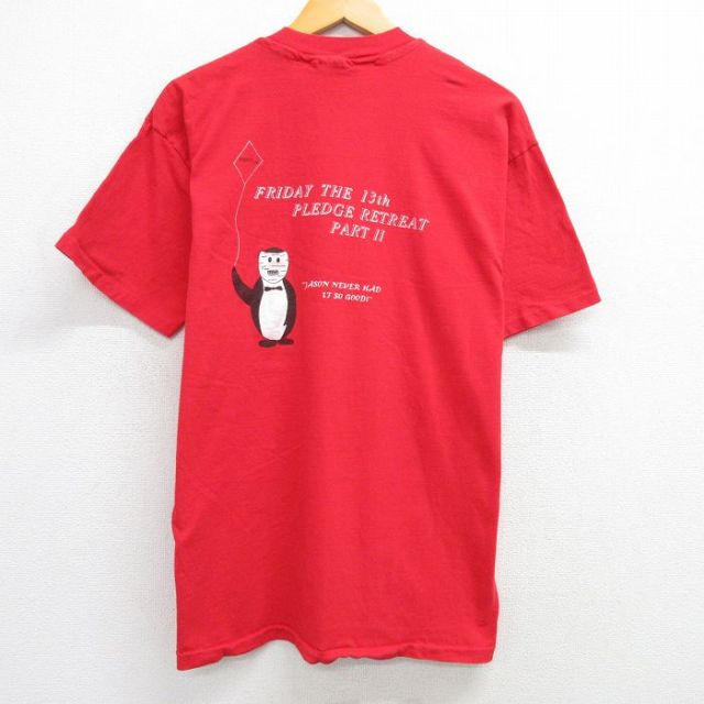 XL★古着 ヘインズ Hanes 半袖 ビンテージ Tシャツ メンズ 90年代 90s 13日の金曜日 胸ポケット付き コットン クルーネック USA製 赤 レッド 25mar29 中古