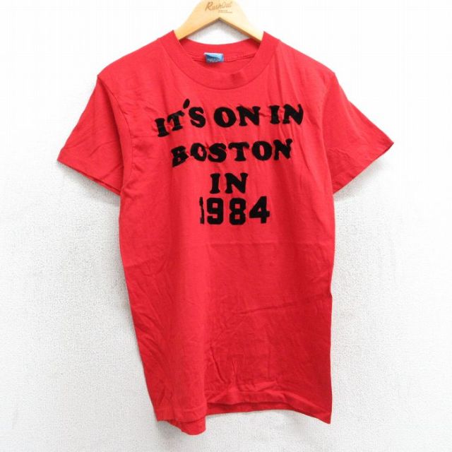 M★古着 スクリーンスターズ 半袖 ビンテージ Tシャツ メンズ 80年代 80s ボストン フロッキープリント クルーネック USA製 赤 レッド 25mar29 中古