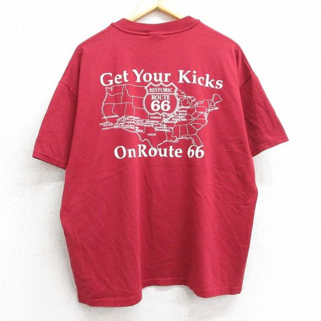 XL★古着 ヘインズ Hanes 半袖 ビンテージ Tシャツ メンズ 00年代 00s ルート66 大きいサイズ クルーネック エンジ 25mar29 中古