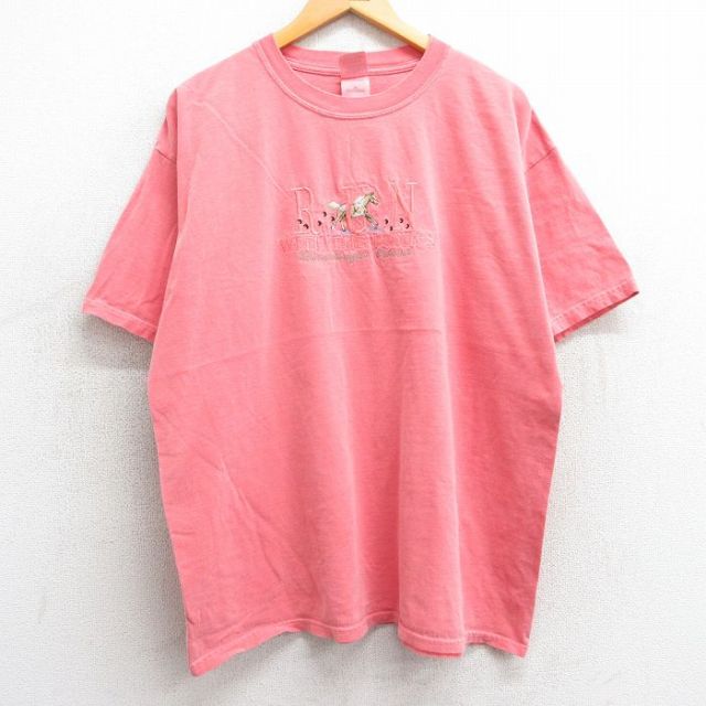 XL★古着 半袖 ビンテージ Tシャツ メンズ 00年代 00s RUN 馬 刺繍 大きいサイズ コットン クルーネック ピンク系 25mar29 中古