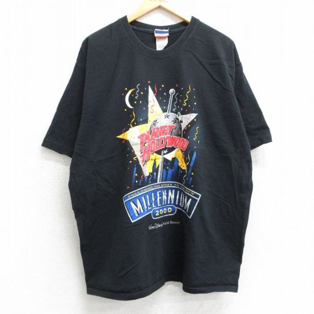 XL★古着 半袖 ビンテージ Tシャツ メンズ 00年代 00s プラネットハリウッド ディズニー DISNEY ミレニアム 大きいサイズ コットン クルーネック 黒 ブラック 25mar29 中古