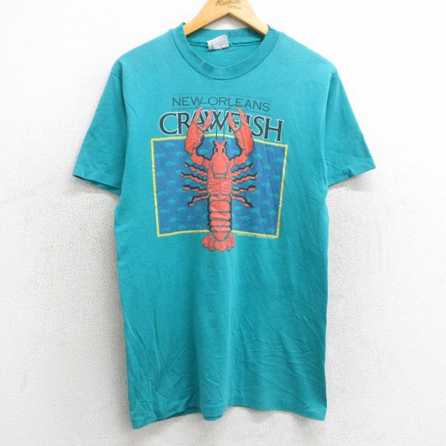 M★古着 ヘインズ Hanes 半袖 ビンテージ Tシャツ メンズ 80年代 80s ロブスター クルーネック USA製 青緑 25mar29 中古