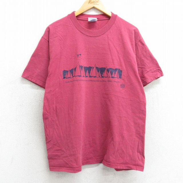 L★古着 ヘインズ Hanes 半袖 ビンテージ Tシャツ メンズ 00年代 00s 太陽 ヨット コットン クルーネック 濃ピンク系 25mar29 中古