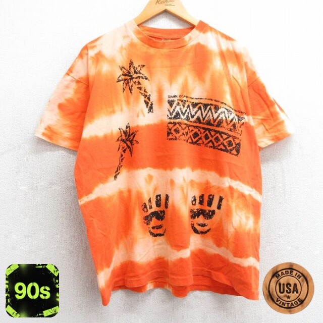 90s 半袖Tシャツ ヤシの木 オレンジタイダイ XL | 古着