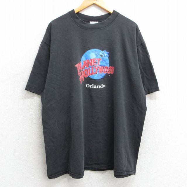 XL★古着 半袖 ビンテージ Tシャツ メンズ 90年代 90s プラネットハリウッド オーランド 大きいサイズ コットン クルーネック USA製 黒 ブラック 25mar31 中古