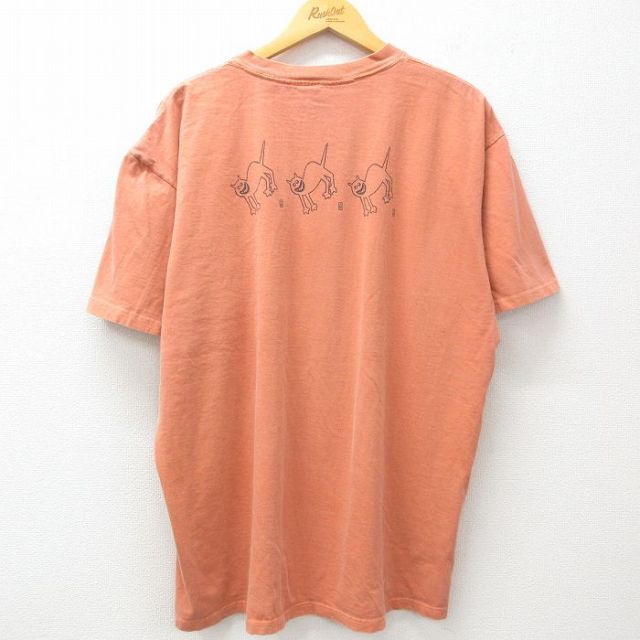 XL★古着 半袖 ビンテージ Tシャツ メンズ 90年代 90s ネコ CRAZY CAT 大きいサイズ コットン クルーネック オレンジ系 25apr01 中古