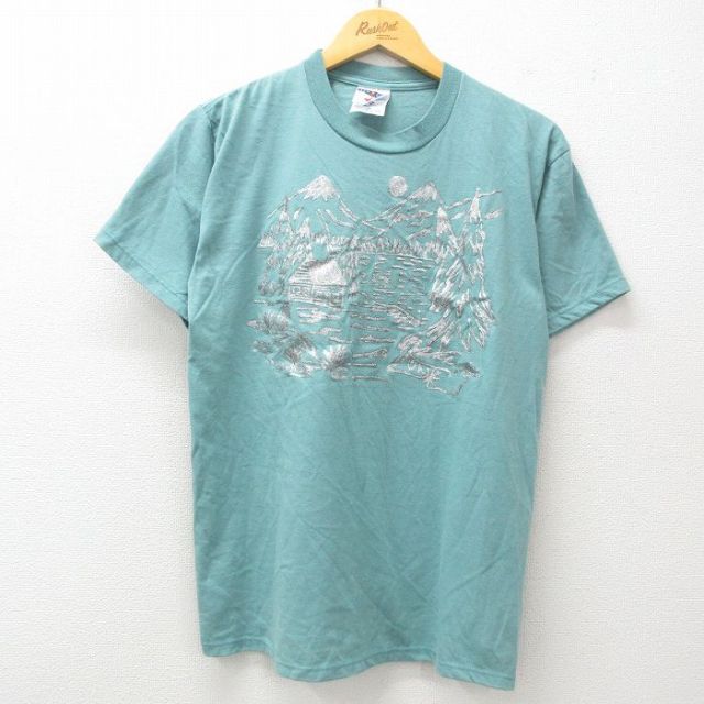 M★古着 ジャージーズ 半袖 ビンテージ Tシャツ メンズ 90年代 90s 山 家 ラメ クルーネック USA製 青緑系 25apr01 中古