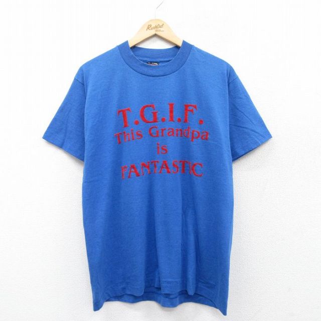 L★古着 フルーツオブザルーム 半袖 ビンテージ Tシャツ メンズ 90年代 90s T.G.I.F. フロッキープリント クルーネック USA製 青 ブルー 25apr02 中古