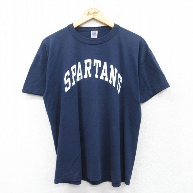 L★古着 ラッセル 半袖 ビンテージ Tシャツ メンズ 80年代 80s SPARTANS 2 クルーネック USA製 紺 ネイビー 【spe】 25apr02 中古