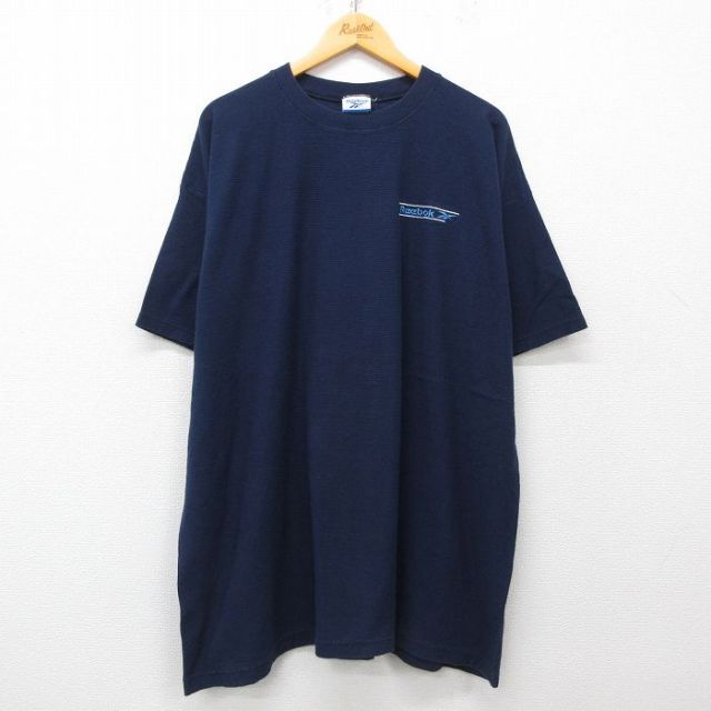 XL★古着 リーボック REEBOK 半袖 ビンテージ Tシャツ メンズ 90年代 90s ワンポイントロゴ 大きいサイズ ロング丈 コットン クルーネック USA製 濃紺 ネイビー 25apr02 中古