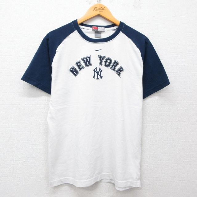 L★古着 ナイキ NIKE 半袖 ビンテージ Tシャツ メンズ 00年代 00s MLB ニューヨークヤンキース ラグラン クルーネック 白 ホワイト メジャーリーグ ベースボール 野球 25apr02 中古