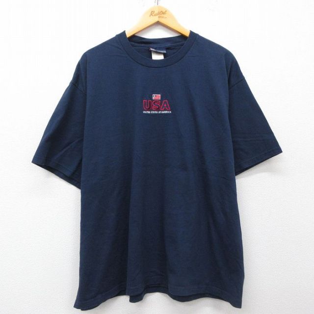 XL★古着 FADED GLORY 半袖 ビンテージ Tシャツ メンズ 90年代 90s USAロゴ 刺繍 大きいサイズ コットン クルーネック USA製 濃紺 ネイビー 【spe】 25apr02 中古