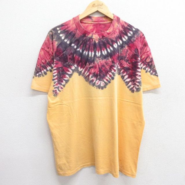 XL★古着 半袖 ビンテージ Tシャツ メンズ 90年代 90s 無地 大きいサイズ クルーネック 黄他 イエロー タイダイ 25apr03 中古