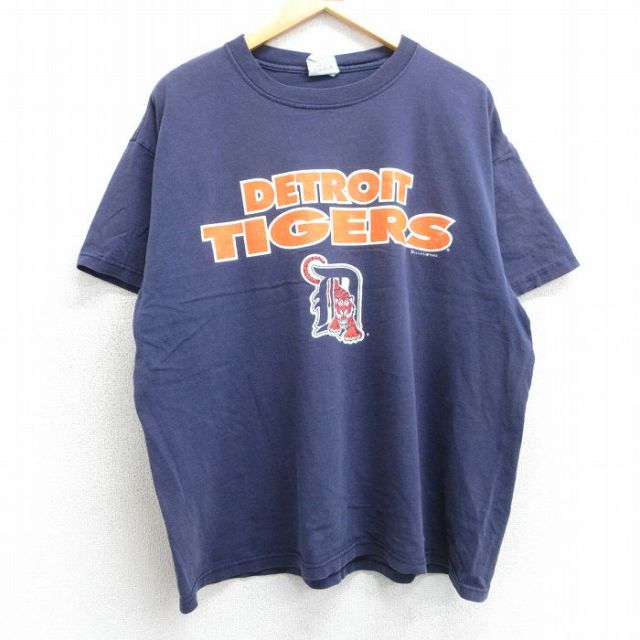 XL★古着 半袖 ビンテージ Tシャツ メンズ 90年代 90s MLB デトロイトタイガース 大きいサイズ コットン クルーネック 紺 ネイビー メジャーリーグ ベースボール 野球 25apr05 中古