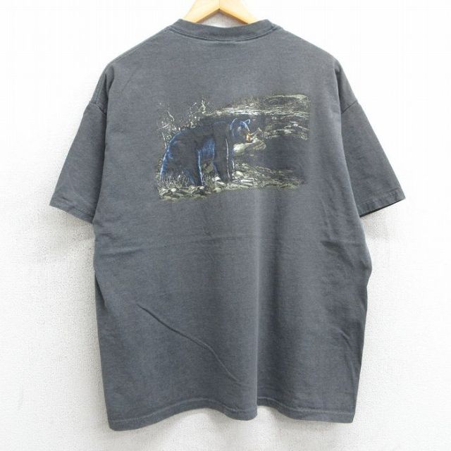 XL★古着 ヘインズ Hanes 半袖 ビンテージ Tシャツ メンズ 00年代 00s クマ 大きいサイズ クルーネック 濃グレー 霜降り 25apr05 中古