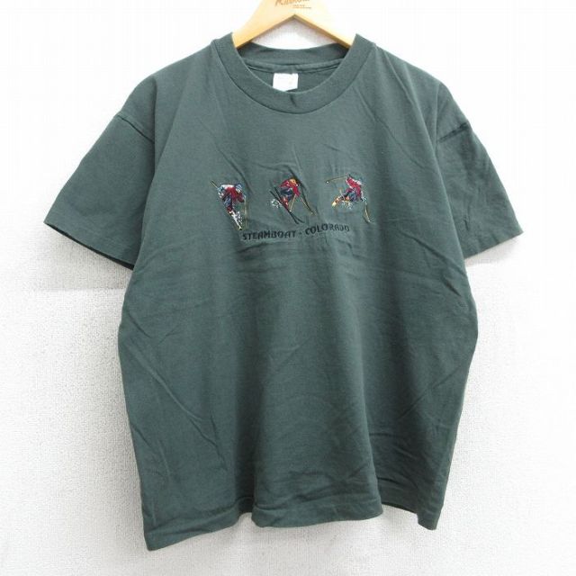 XL★古着 半袖 ビンテージ Tシャツ メンズ 90年代 90s スキー 刺繍 コットン クルーネック 濃緑系 グリーン 25apr05 中古