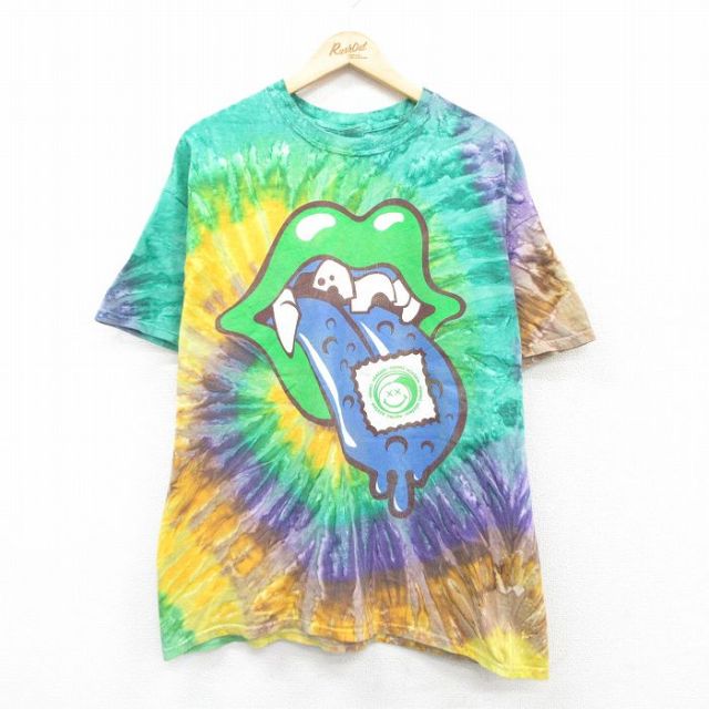 XL★古着 半袖 ビンテージ Tシャツ メンズ 00年代 00s ベロ DROP 大きいサイズ コットン クルーネック 緑他 グリーン タイダイ 25apr05 中古