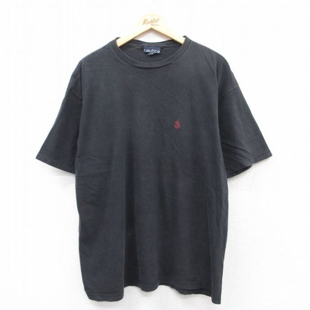 XL★古着 ノーティカ NAUTICA 半袖 ビンテージ ブランド Tシャツ メンズ 90年代 90s ワンポイントロゴ 大きいサイズ コットン クルーネック USA製 黒 ブラック 【spe】 25apr05 中古