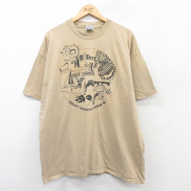 XL★古着 ヘインズ Hanes 半袖 ビンテージ Tシャツ メンズ 90年代 90s シカ 魚 大きいサイズ コットン クルーネック USA製 ベージュ カーキ 25apr05 中古