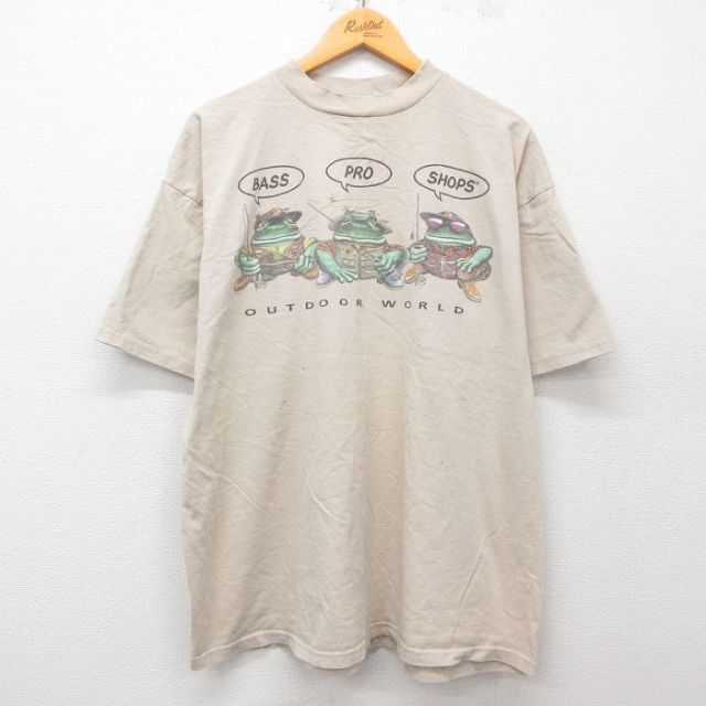 XL★古着 TULTEX 半袖 ビンテージ Tシャツ メンズ 90年代 90s カエル バスプロショップス 大きいサイズ コットン クルーネック ベージュ カーキ 【spe】 25apr08 中古