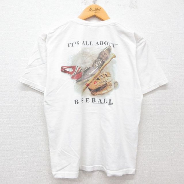 【50%OFF】M★古着 半袖 ビンテージ Tシャツ メンズ 00年代 00s 野球 グローブ バット コットン クルーネック 白 ホワイト 25apr08 中古