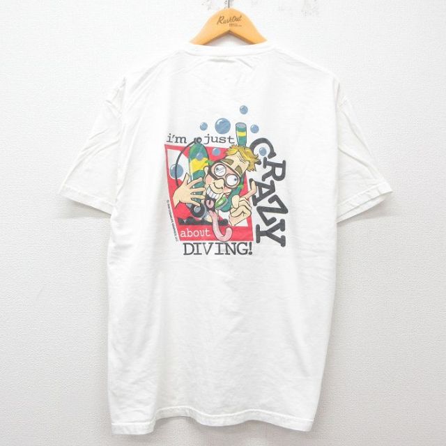 【50%OFF】XL★古着 ヘインズ Hanes 半袖 ビンテージ Tシャツ メンズ 00年代 00s ダイビング CRAZY コットン クルーネック 白 ホワイト 25apr08 中古