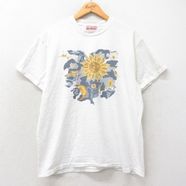 L★古着 半袖 ビンテージ Tシャツ メンズ 90年代 90s 太陽 月 星 コットン クルーネック USA製 白 ホワイト 25apr07 中古