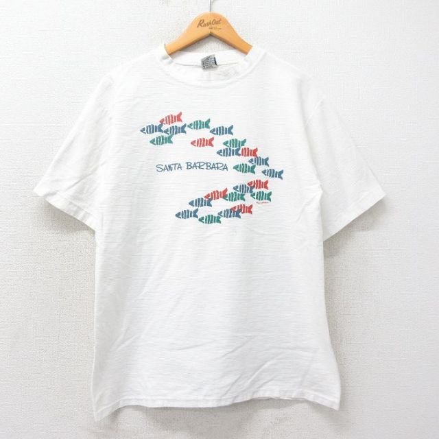 L★古着 半袖 ビンテージ Tシャツ メンズ 90年代 90s 魚 サンタバーバラ コットン クルーネック USA製 白 ホワイト 25apr07 中古