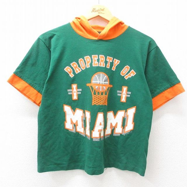 M★古着 半袖 ビンテージ Tシャツ パーカー メンズ 90年代 90s マイアミ ツートンカラー ショート丈 USA製 緑他 グリーン 25apr08 中古
