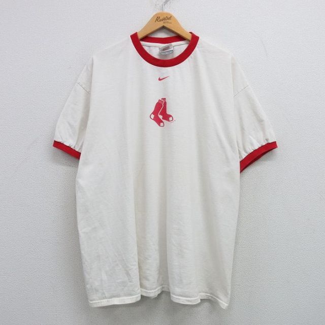 XL★古着 ナイキ NIKE 半袖 ビンテージ Tシャツ メンズ 00年代 00s MLB ボストンレッドソックス 大きいサイズ コットン クルーネック 白 ホワイト リンガー メジャーリーグ ベースボール 野球 25apr08 中古