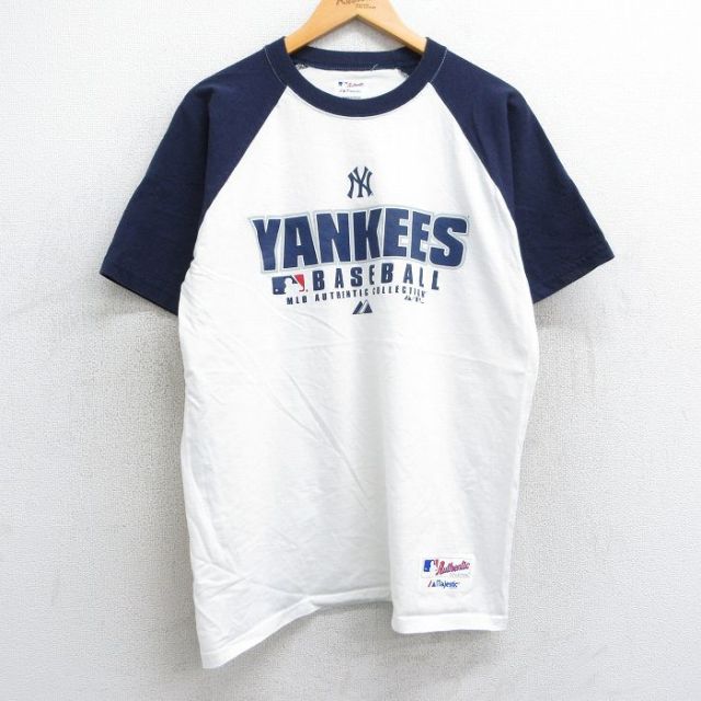 L★古着 マジェスティック 半袖 ビンテージ Tシャツ メンズ 00年代 00s MLB ニューヨークヤンキース ラグラン ツートンカラー コットン クルーネック 白他 ホワイト メジャーリーグ ベースボール 野球 25apr10 中古