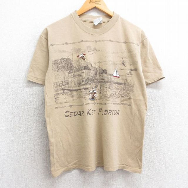 M★古着 ヘインズ Hanes 半袖 ビンテージ Tシャツ メンズ 90年代 90s 船 港 コットン クルーネック USA製 ベージュ カーキ 25apr10 中古