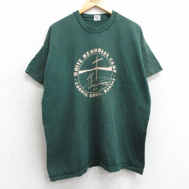 XL★古着 フルーツオブザルーム 半袖 ビンテージ Tシャツ メンズ 90年代 90s 十字架 ホワイトメモリアルキャンプ コットン クルーネック USA製 緑 グリーン 25apr10 中古