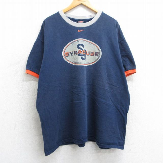 XL★古着 ナイキ NIKE 半袖 ビンテージ Tシャツ メンズ 00年代 00s シラキュース 大きいサイズ コットン クルーネック 紺 ネイビー リンガー 25apr10 中古