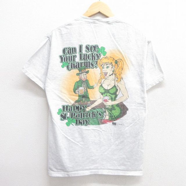 M★古着 ヘインズ Hanes 半袖 ビンテージ Tシャツ メンズ 00年代 00s ST.Patricks Day クルーネック 薄グレー 霜降り 25apr14 中古