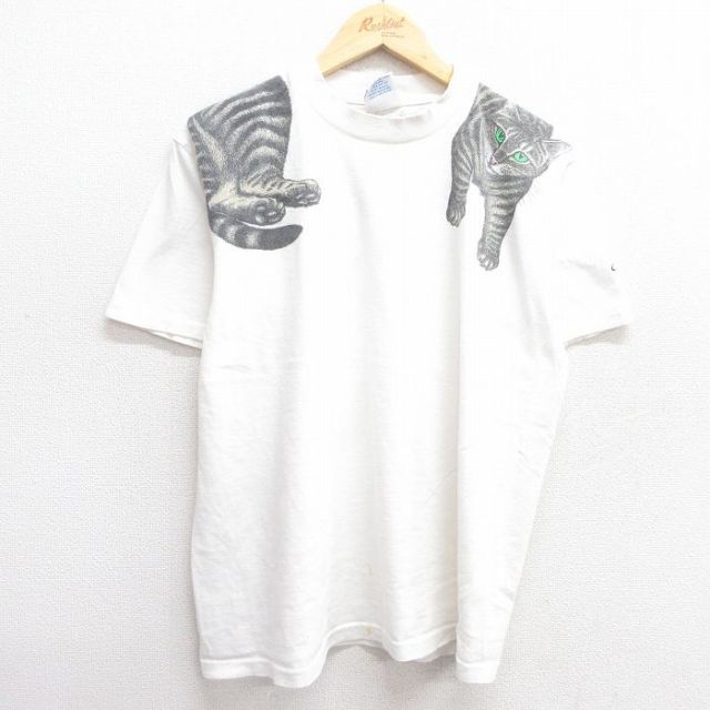 L★古着 半袖 ビンテージ Tシャツ メンズ ネコ CATS コットン クルーネック USA製 白 ホワイト 【spe】 25apr14 中古