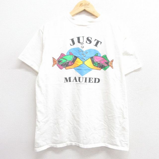 L★古着 半袖 ビンテージ Tシャツ メンズ 80年代 80s 魚 コットン クルーネック USA製 白 ホワイト 25apr14 中古