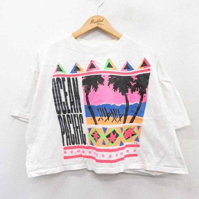 【50%OFF】XL★古着 オーシャンパシフィック OP 半袖 ビンテージ Tシャツ メンズ 90年代 90s ヤシの木 大きいサイズ ショート丈 クルーネック 白 ホワイト 【spe】 25apr15 中古