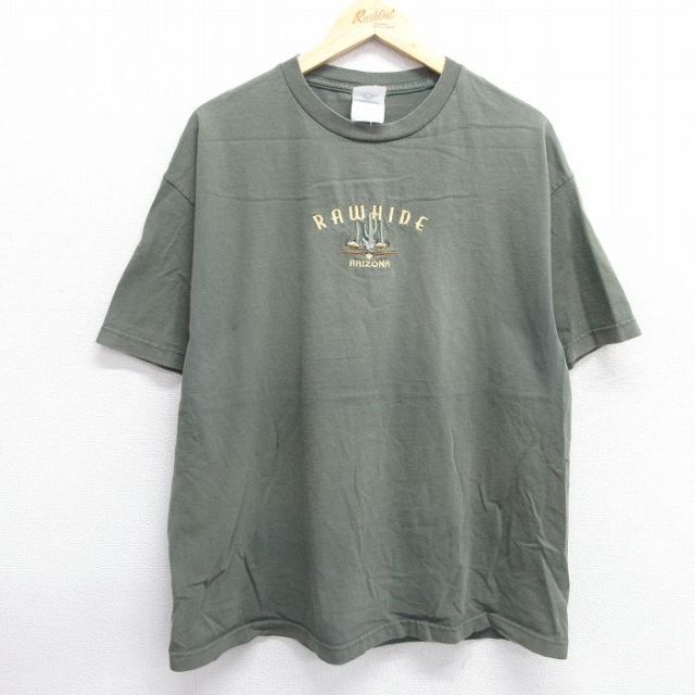 XL★古着 半袖 ビンテージ Tシャツ メンズ 00年代 00s サボテン RAWHIDE 刺繍 コットン クルーネック 緑系 グリーン 25apr15 中古