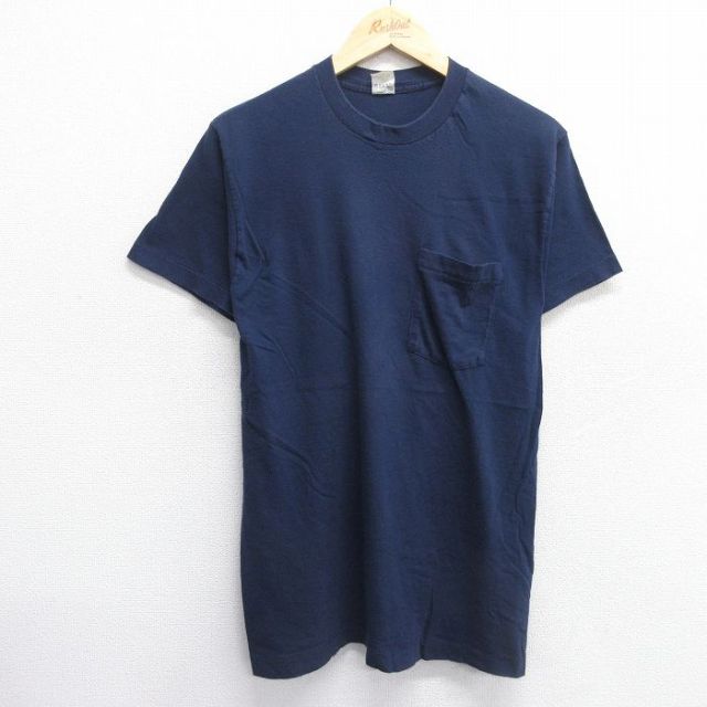【50%OFF】M★古着 フルーツオブザルーム 半袖 ビンテージ Tシャツ メンズ 80年代 80s 無地 胸ポケット付き コットン クルーネック USA製 紺 ネイビー 25apr15 中古