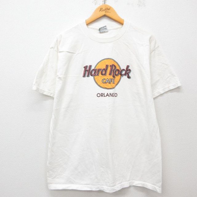 XL★古着 半袖 ビンテージ Tシャツ メンズ 90年代 90s ハードロックカフェ オーランド コットン クルーネック USA製 白 ホワイト 25apr23 中古