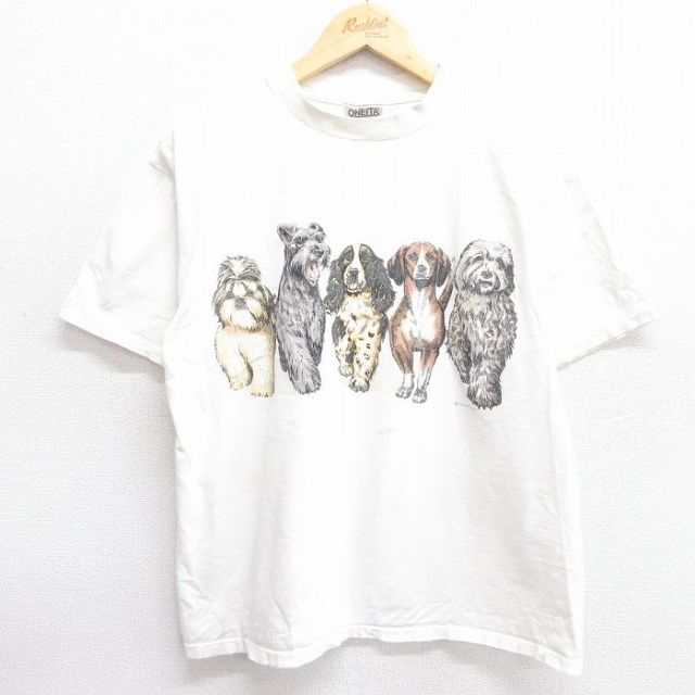 L★古着 オニータ ONEITA 半袖 ビンテージ Tシャツ メンズ 90年代 90s 犬 両面プリント コットン クルーネック 白 ホワイト 【spe】 25apr23 中古
