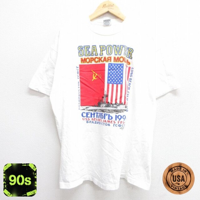 【50%OFF】90s 半袖Tシャツ SEA POWER 星条旗 ホワイト XL | 古着